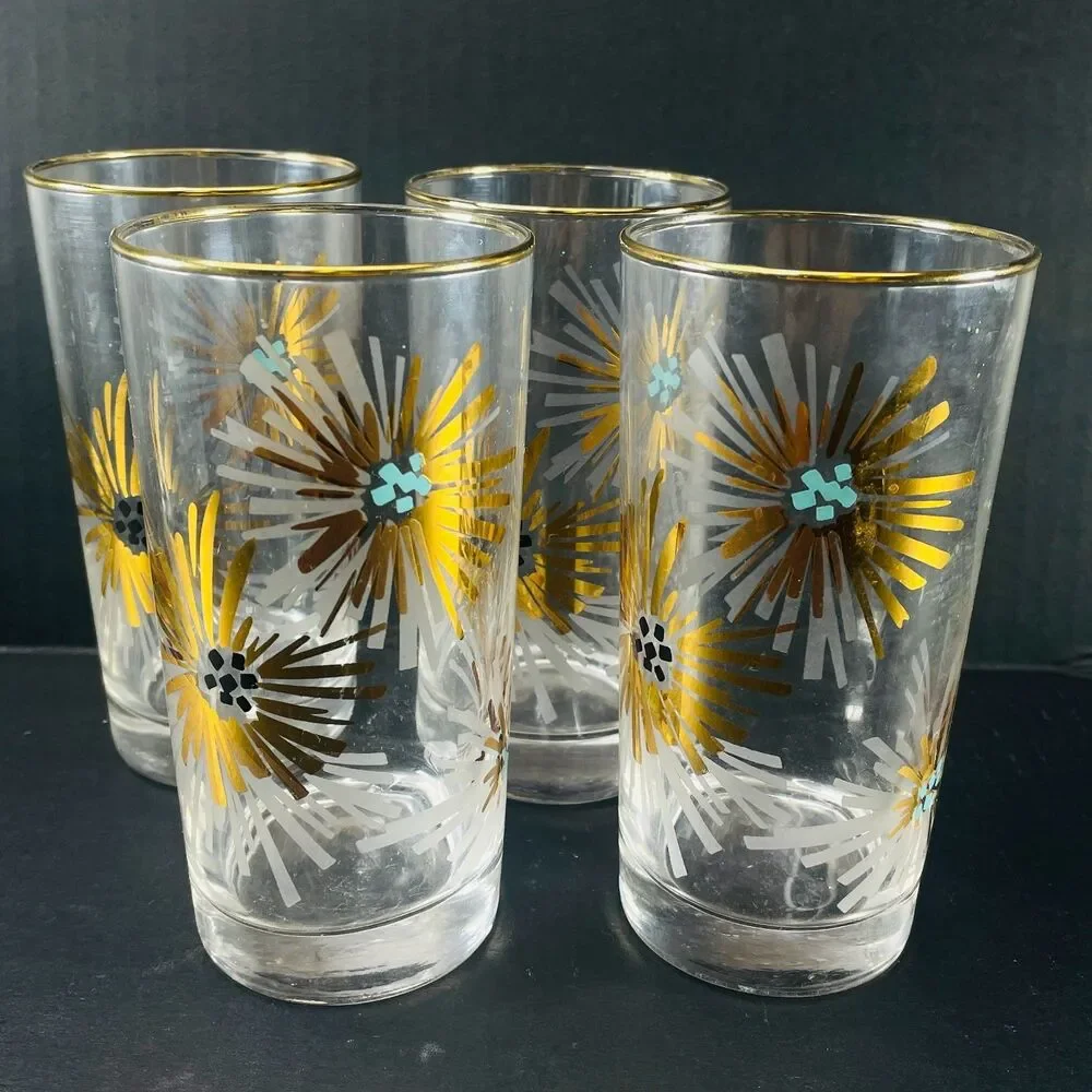 4 VTG Libbey FIRECRACKER Glasses MCM Starburst Gold & Teal Tumblers Barware 5.5